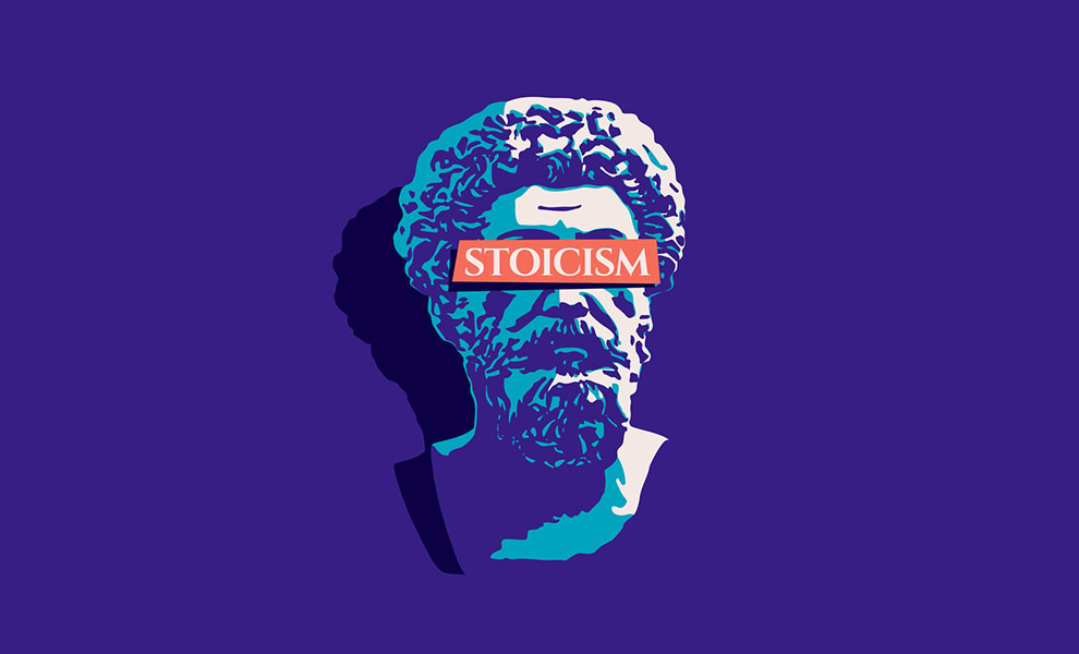 A purple background, illustration of a Roman statue (bust), the word "STOICISM" printed across its eyes