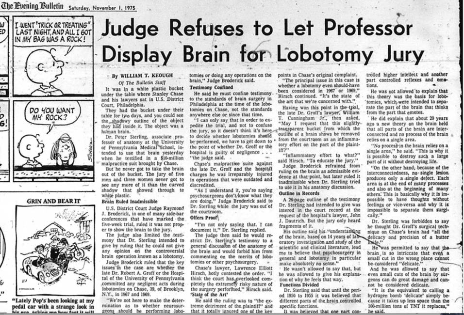 Newspaper headline: "Judge Refuses to Let Professor Display Brain for Lobotomy Jury"