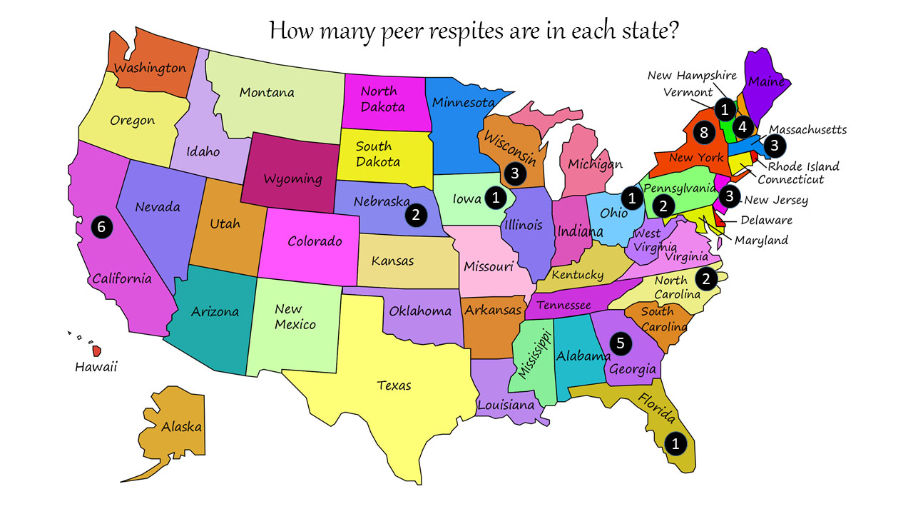 Map of the US depicting how many peer respites are in each state.