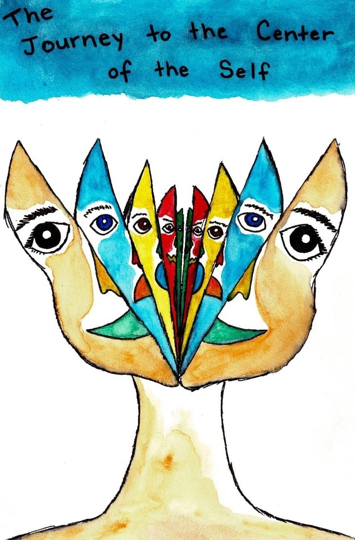 A watercolor illustration of a head splitting into smaller halves with the words "The Journey to the Center of Self" on the top in black letters