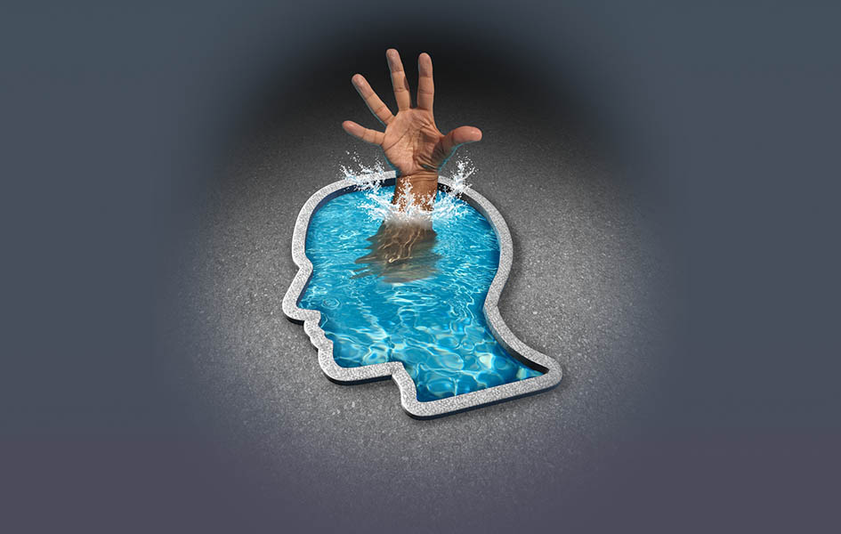 a hand reaching out of a pool shaped as a head