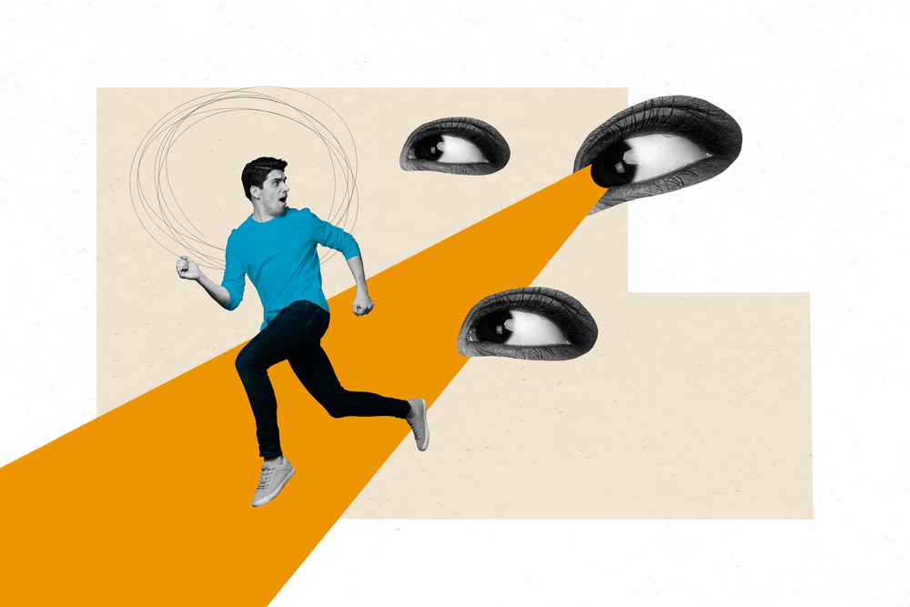 Artwork magazine collage picture of shocked guy running away eyes control isolated drawing background.