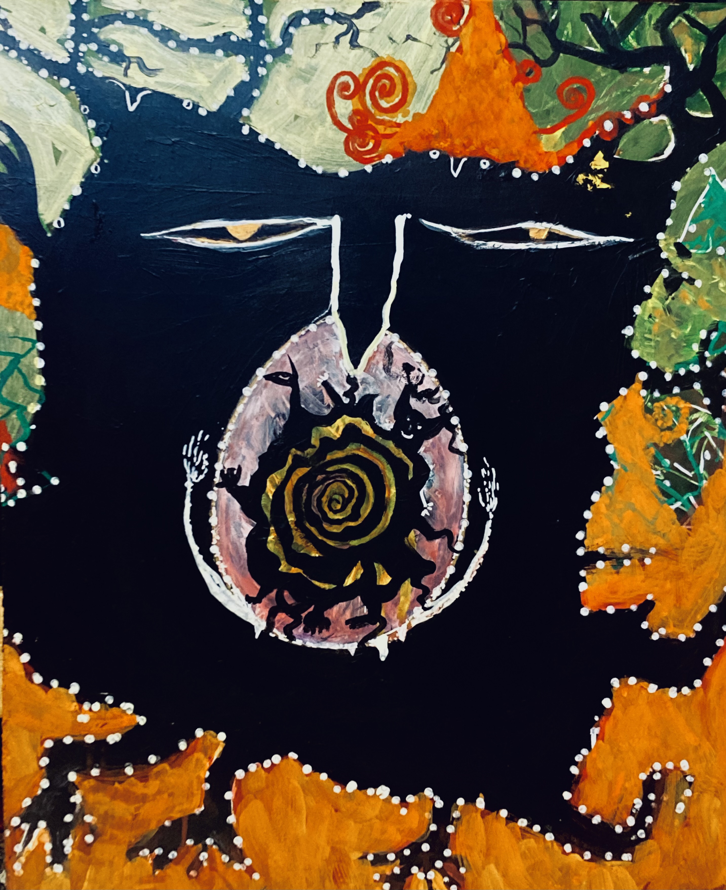 abstract painting with black, orange, green and white dots