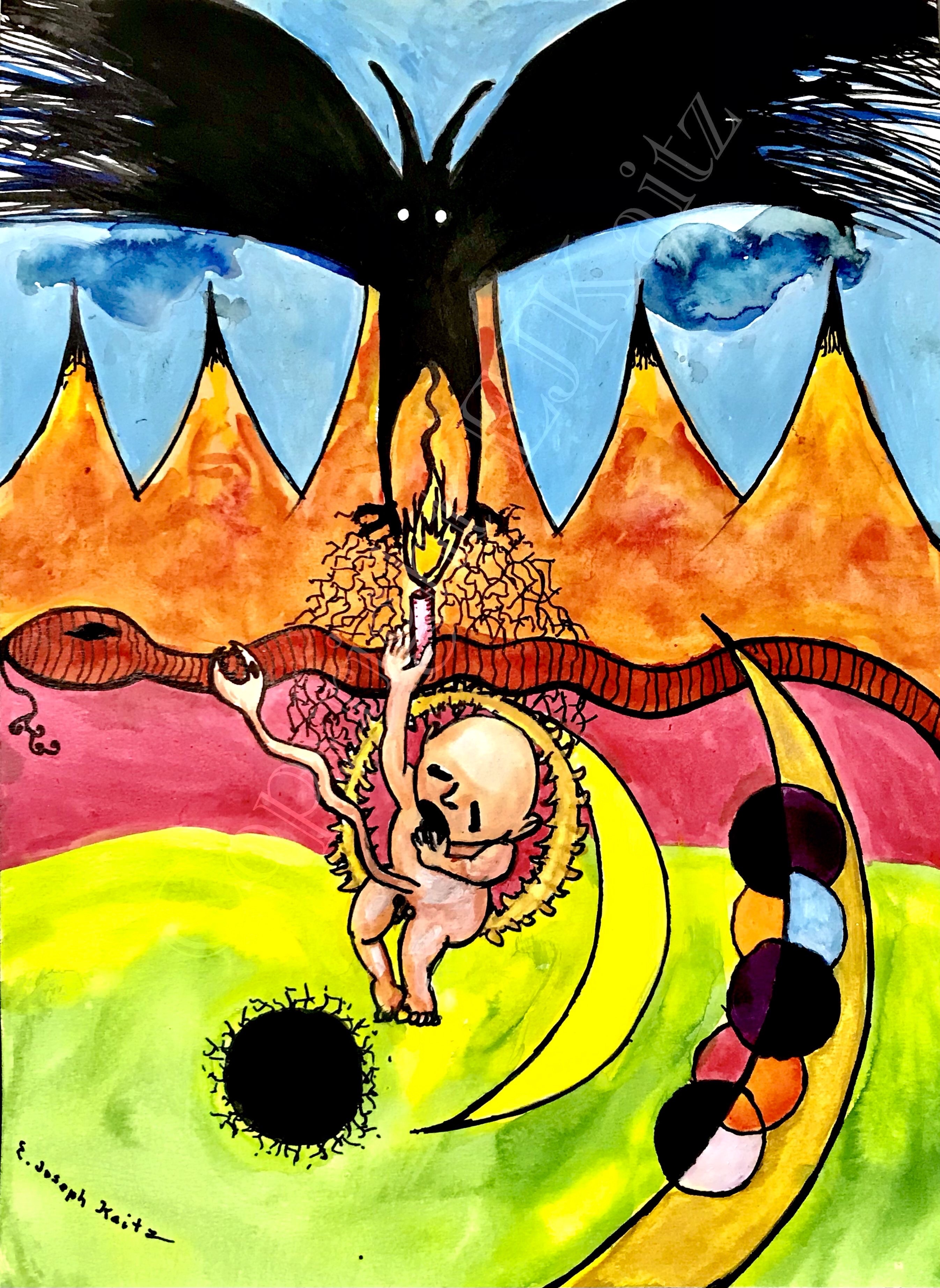 baby being held by a black winged demon, brightly colored