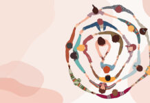 Not Before Time: Lived Experience Led Justice and Repair Illustration from above of a group of people in circle from diverse culture holding hands