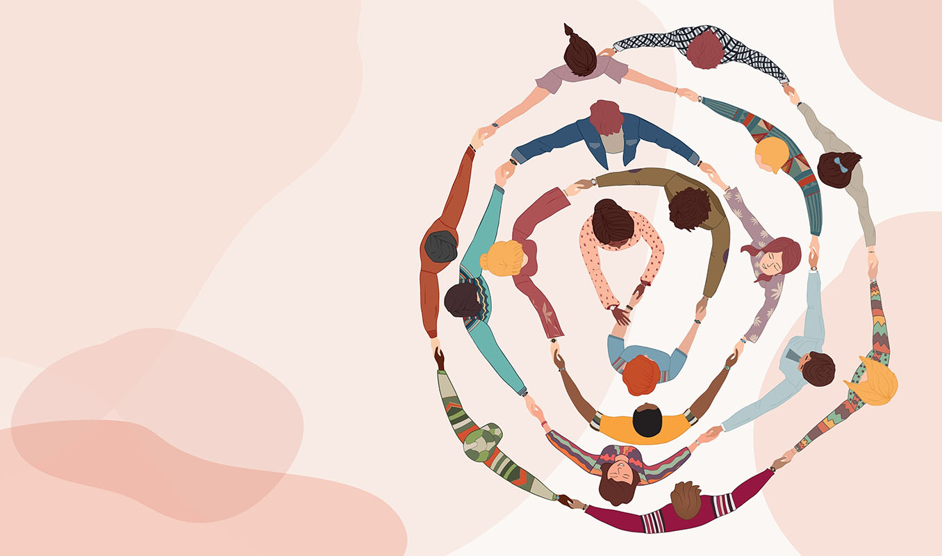 Illustration from above of a group of people in circle from diverse culture holding hands