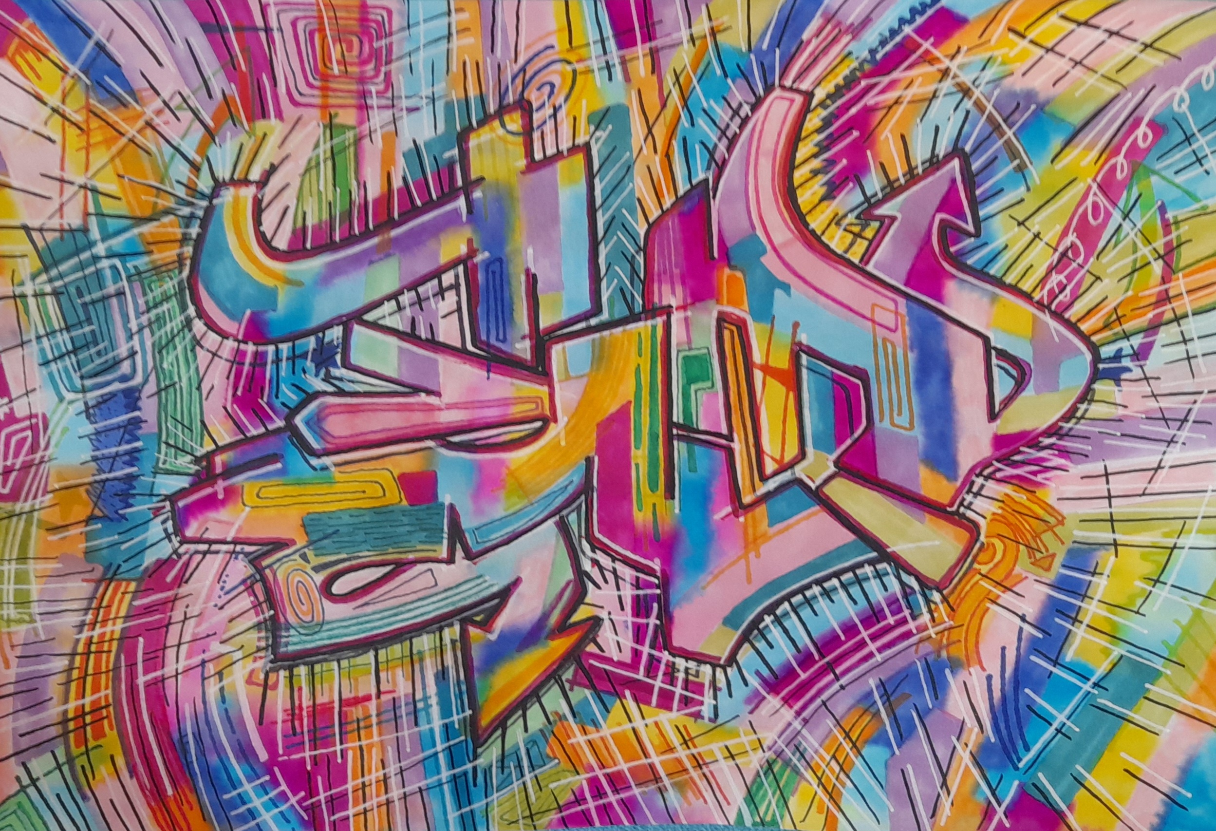 A colorful graffiti piece with pinks and purples, blues and yellows.
