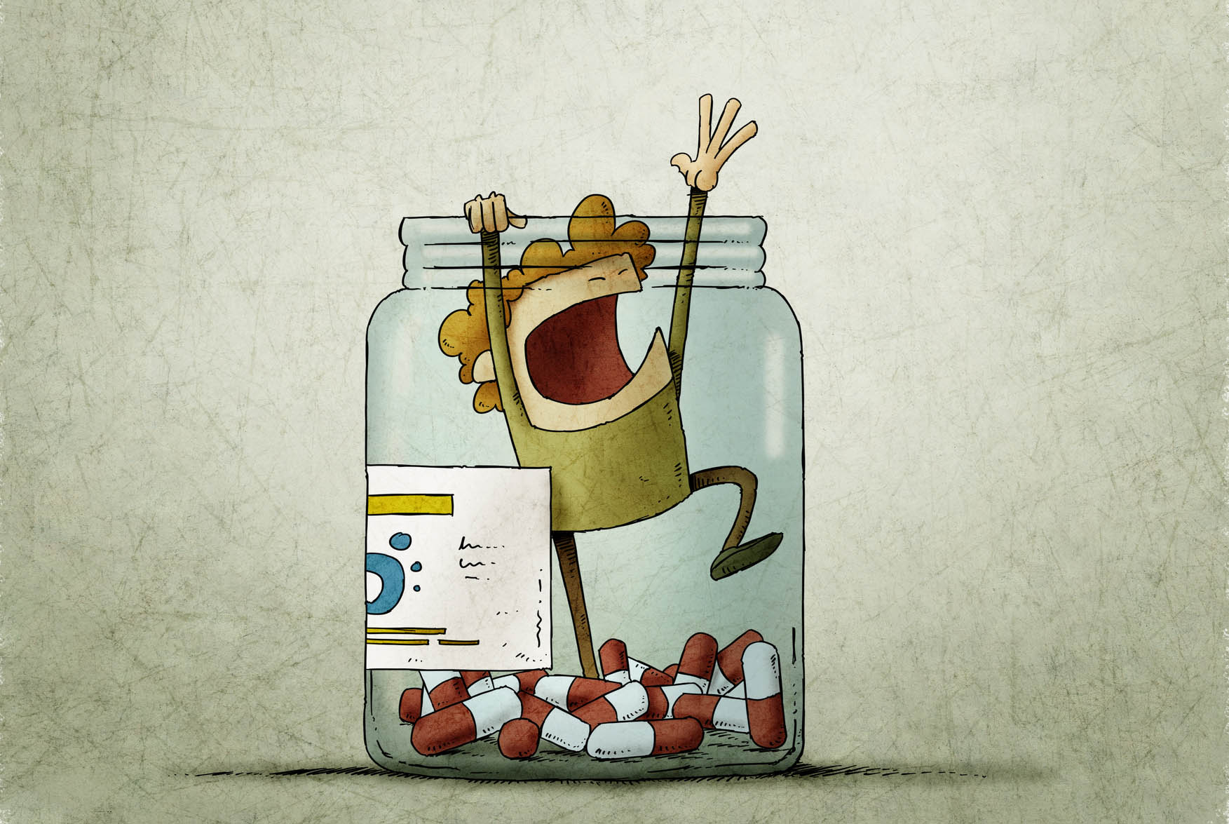 Illustration: Man trapped in a bottle of pills tries to scream for help