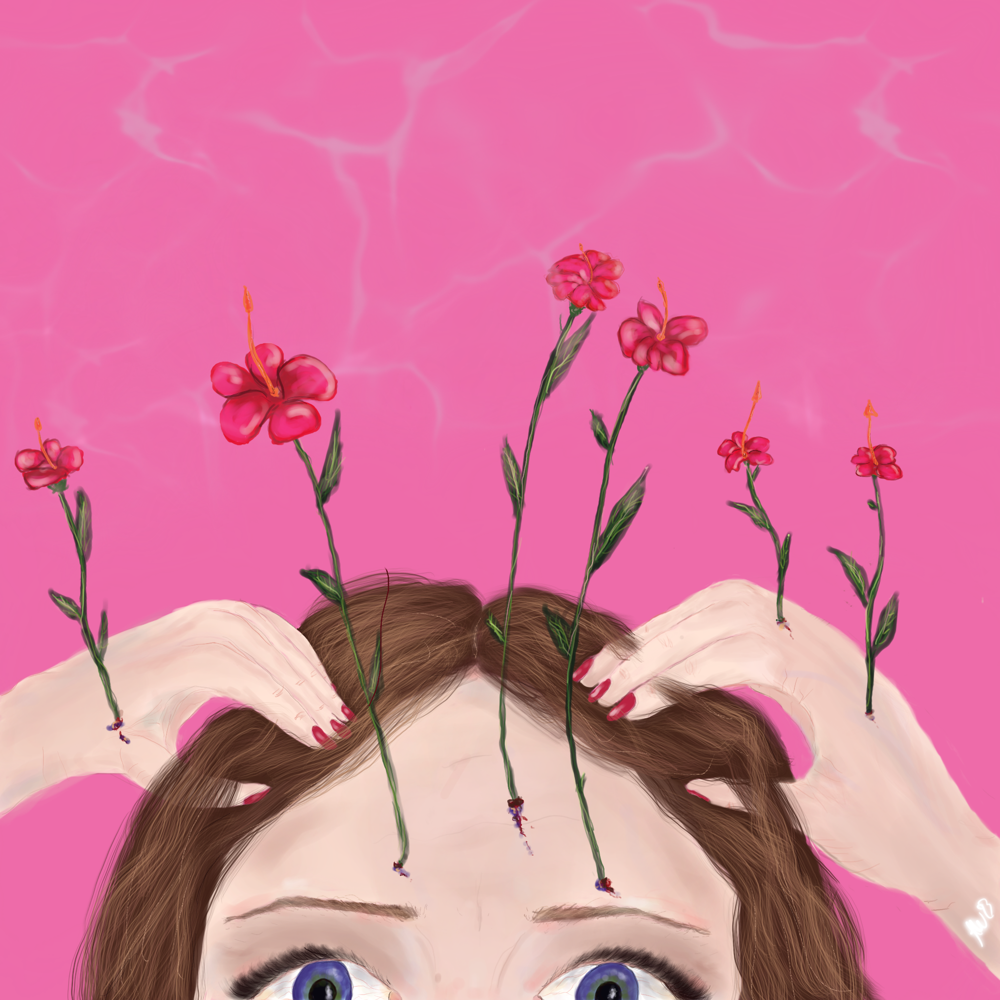 Half a girl's head with flowers and a pink background