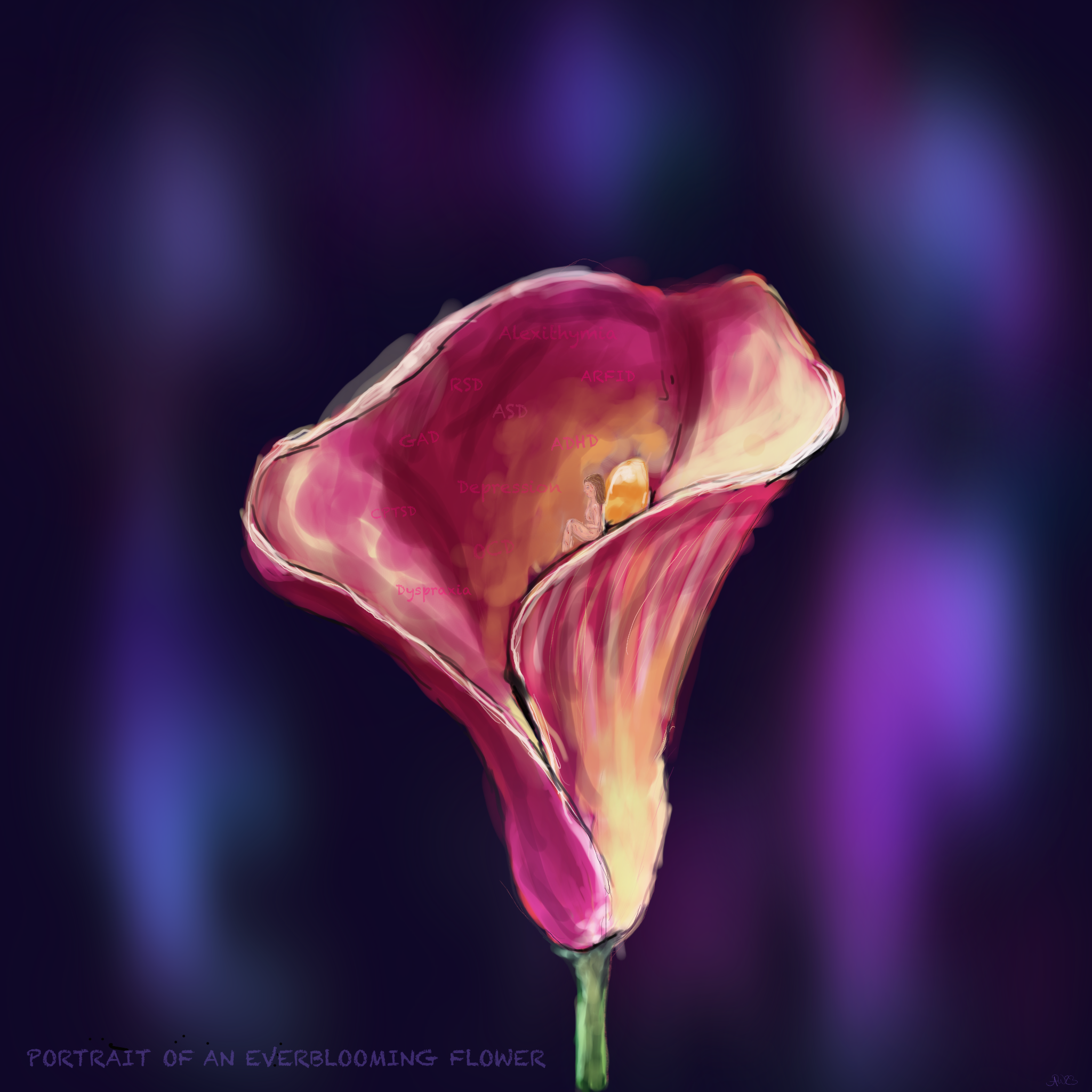 Pink flower with diagnoses on the inside