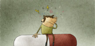 Adding Antipsychotics Worsens Outcomes in Psychotic Depression Illustration of man sitting on a red and white pill. He holds his head with pain symbols in the air above him.