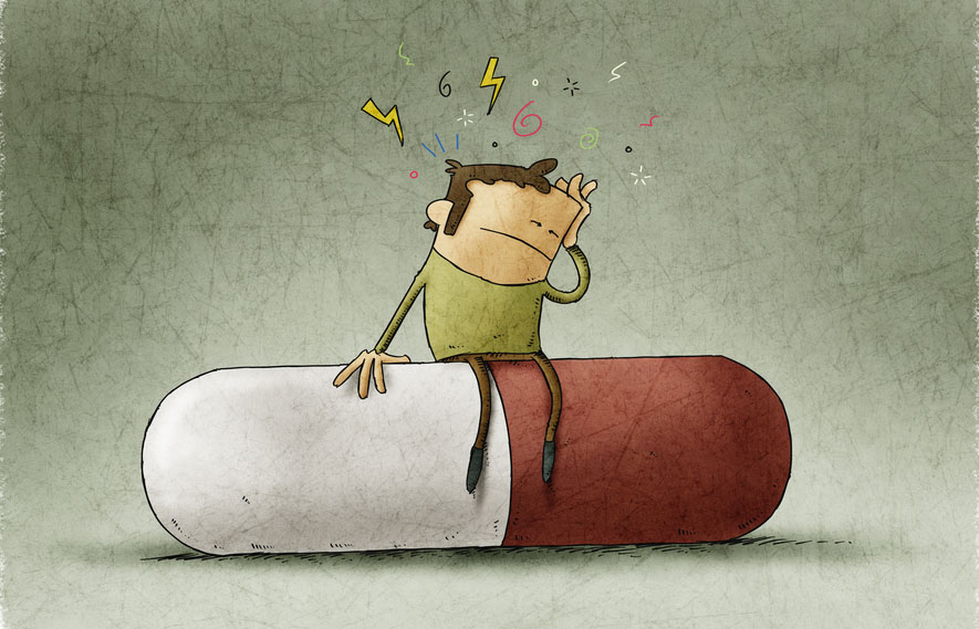 Illustration of man sitting on a red and white pill. He holds his head with pain symbols in the air above him.