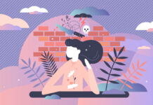 Plotting a Research Path to a New Model of Mental Health Care Vector illustration of female figure holding a flower. Behind her is a wall, with a knife, a skull, and lightning.