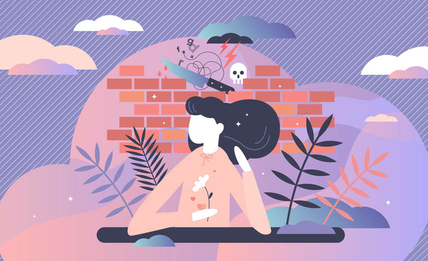 Vector illustration of female figure holding a flower. Behind her is a wall, with a knife, a skull, and lightning.