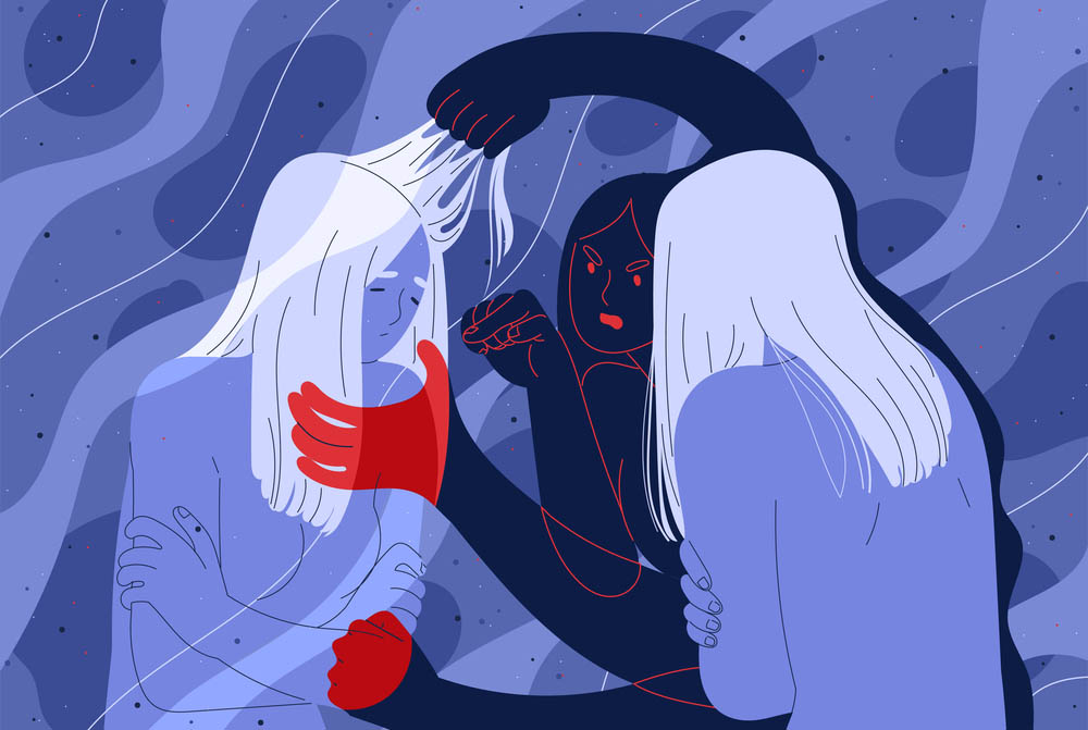 Vector illustration of a person looking upset, a dark ghost appears to torment them with red hands