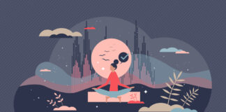 Guided imagery as dream, thoughts and mind control tiny person concept. Calm relaxation method with psychological self therapy vector illustration. Emotional recreation and depression stress reduction