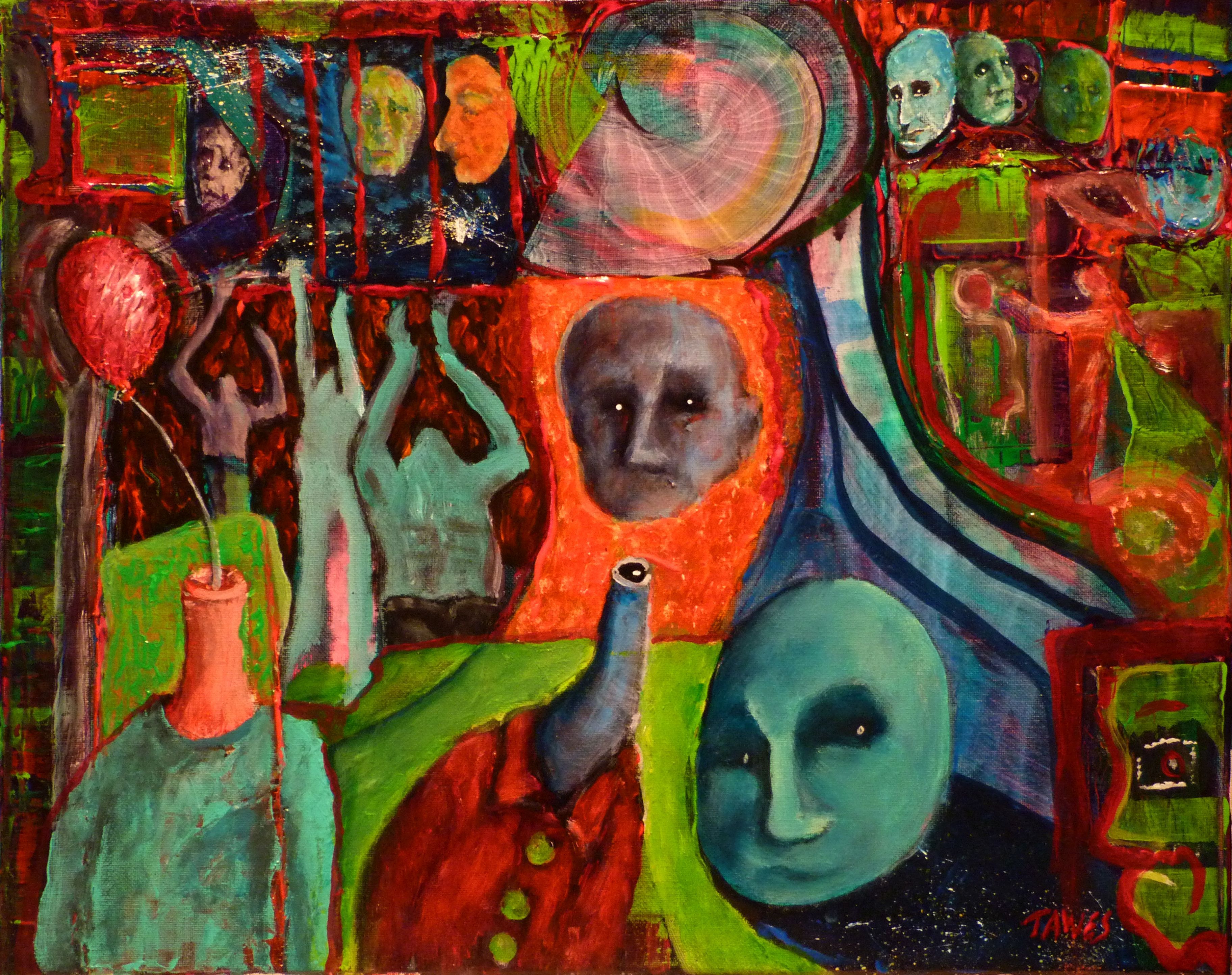 Central figure with long leck and floating head, other blue and green floating heads, side figure with a red balloon head, people reaching up in background