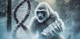 AI-generated image of a snowy yeti and an ice-crusted double-helix