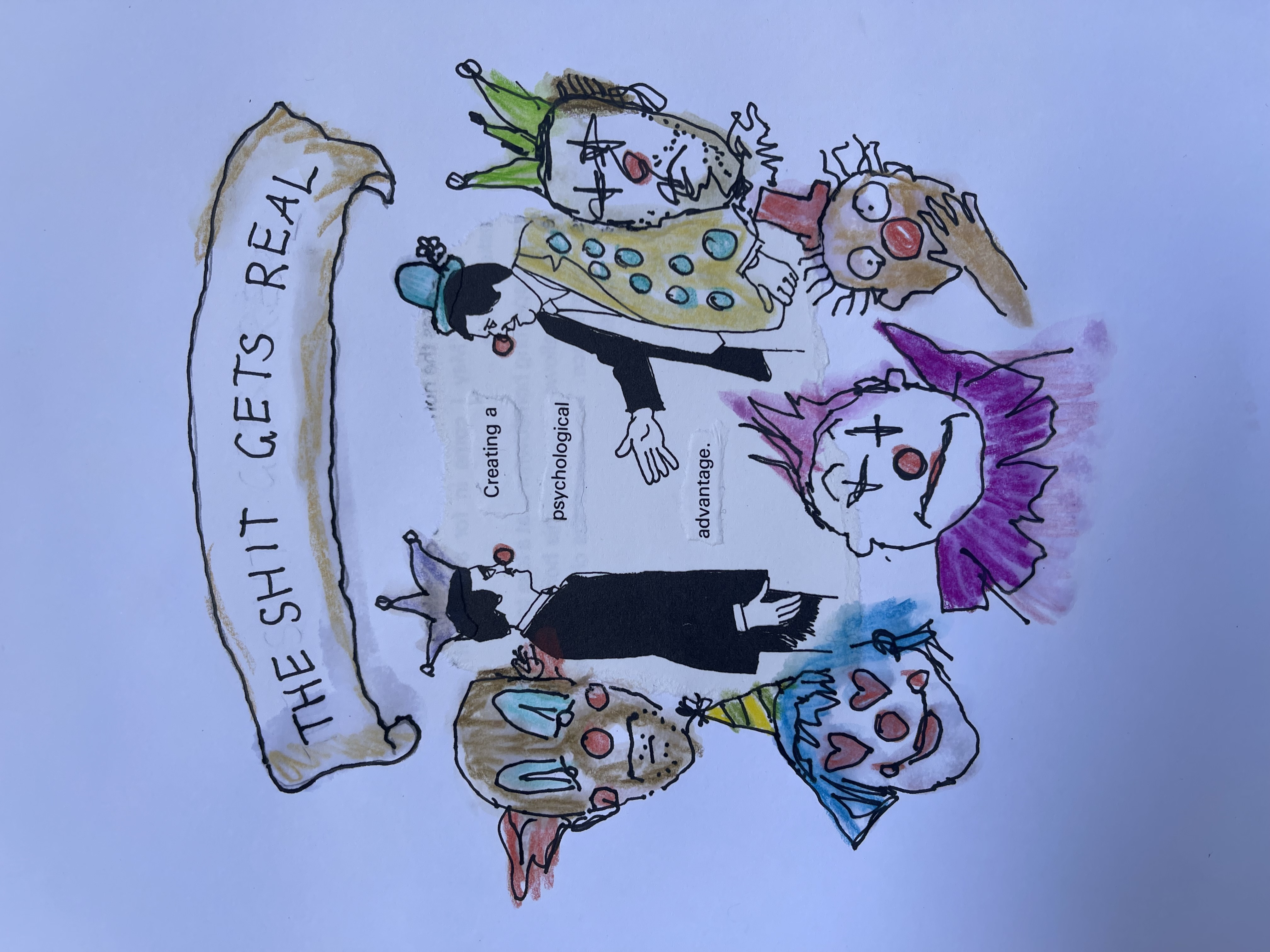 Drawing with clowns's faces and two standing clowns, one offering his hand for a handshake; cut-out words say, "Creating a psychological advantage." Banner above that says, "The Shit Gets Real."