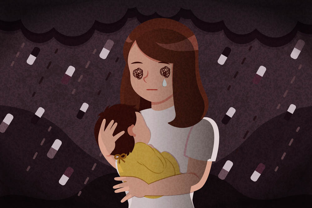 Illustration of a mother holding a baby with dark clouds in the background; pills fall like rain