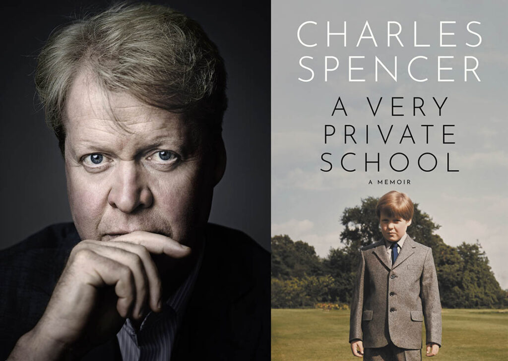 Charles Spencer (left); cover of "A Very Private School" (right)