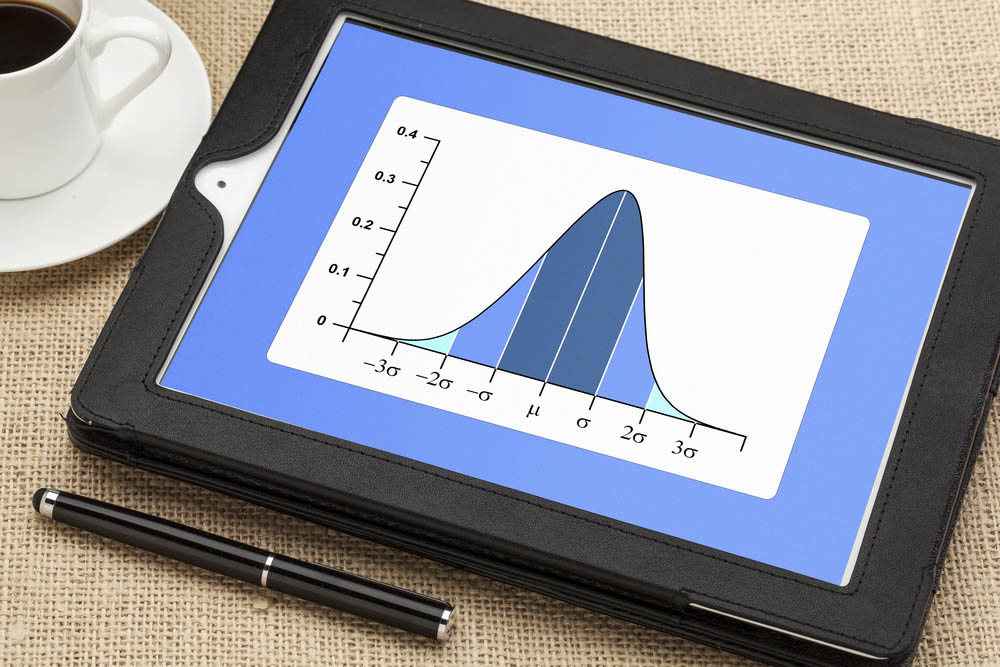 A normal distribution curve appears on a tablet screen