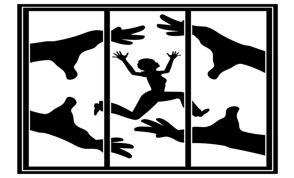 Silhouette illustration of female figure dancing behind bars with giant hands reaching out to enclose her