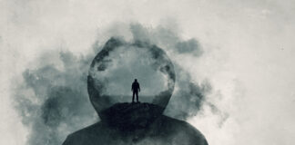 A mental health concept. A mans head covered in clouds. With a double exposure of a mans silhouette over layered on top.