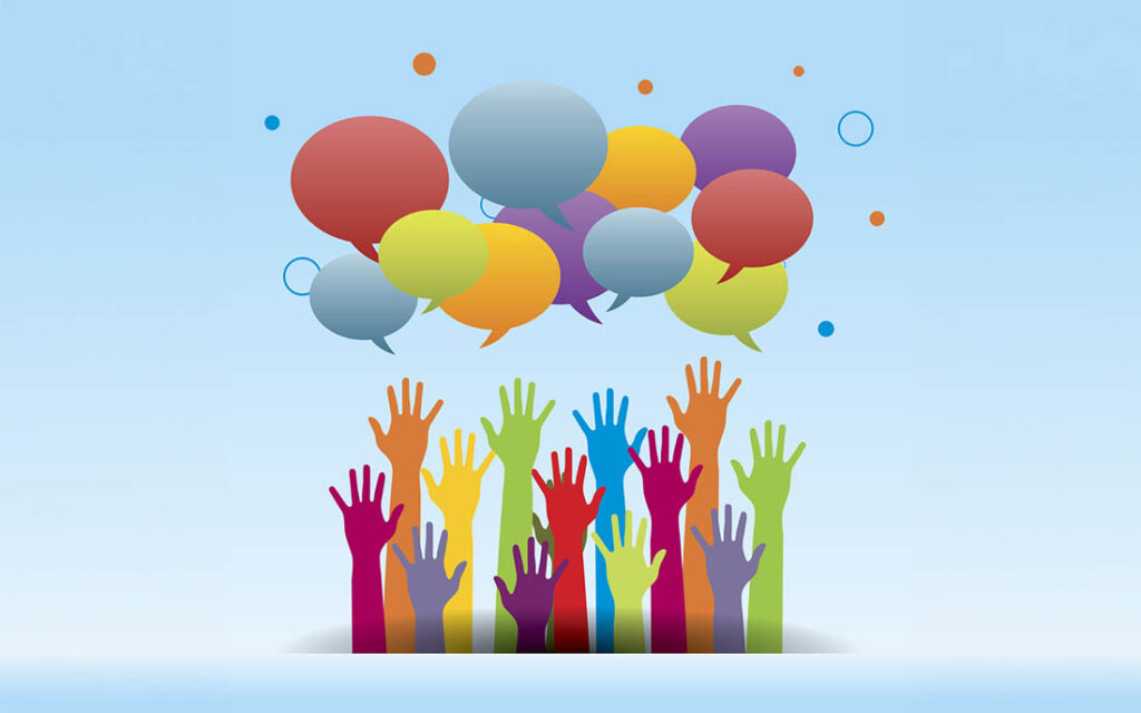 Arms raised up and speech bubbles vector illustration