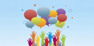 Arms raised up and speech bubbles vector illustration