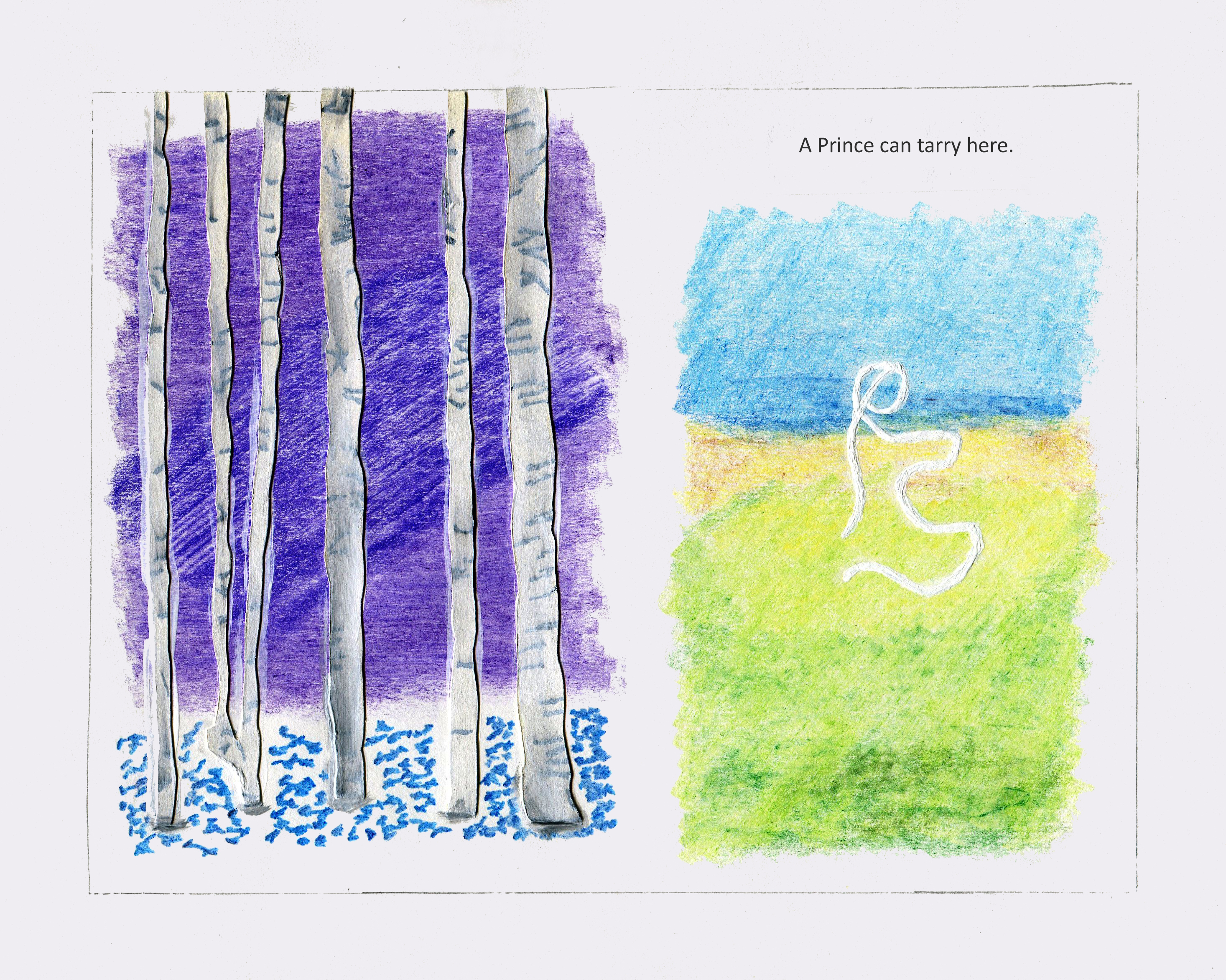 two side-by-side images, the left with long trunks of birch-like trees on a purple background, the right with a simple white-outlined abstract figure on green field with blue-sky background, the title of work typed above