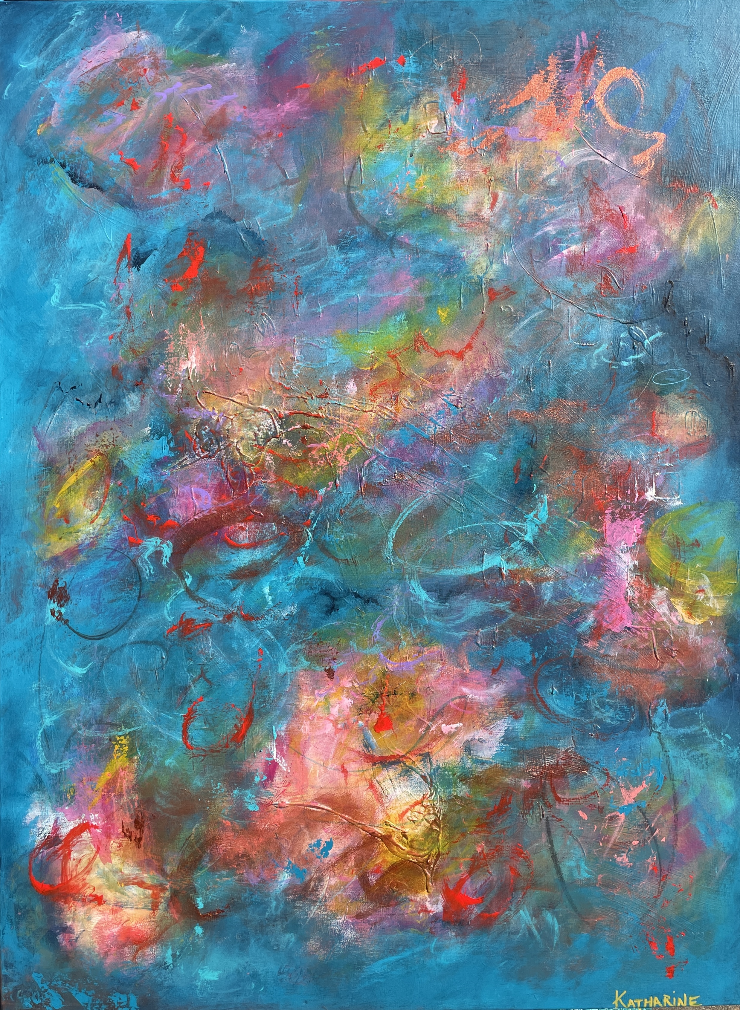 abstract painting with feathery clusters of color (oranges, pinks, some green and yellow) and swirly blue background