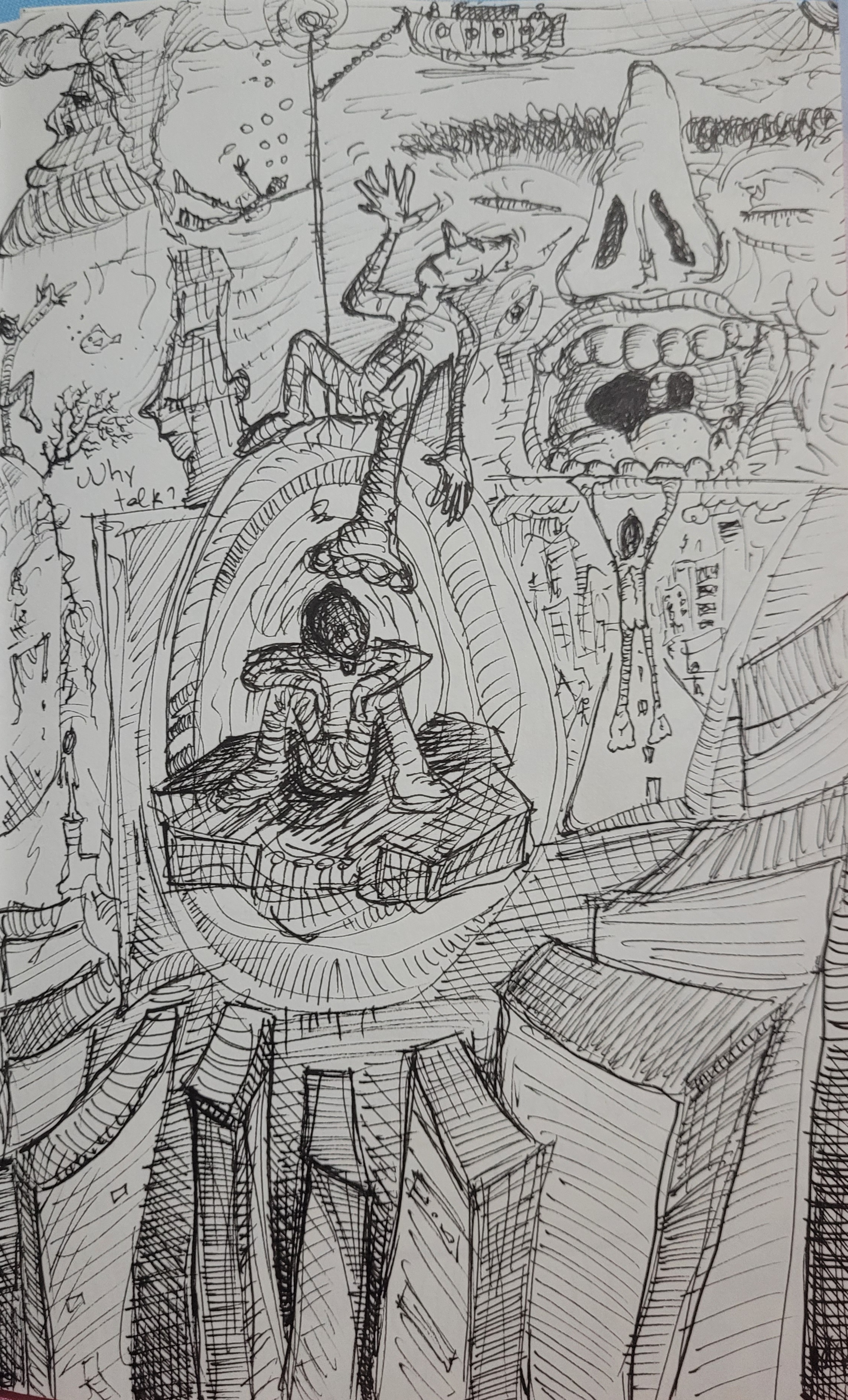 Drawing of figures in precarious positions, possibly ascending, above crowded landscape that has facial features