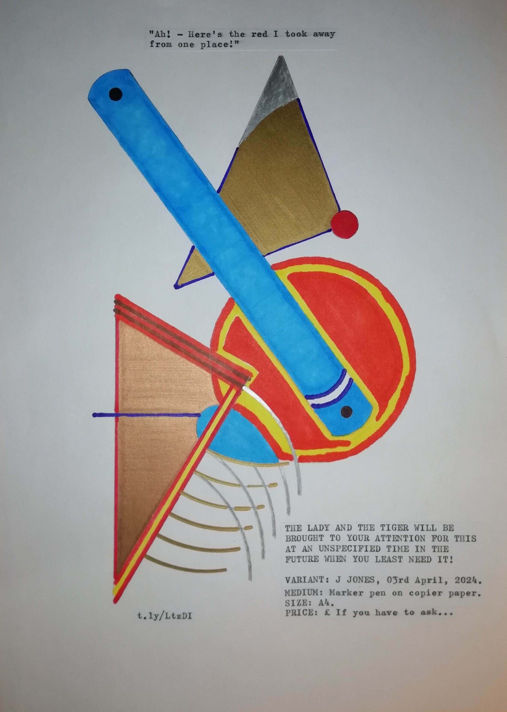 Geometric forms (with blue and red-orange) on white background with typewritten text of the title at the top and additional text in lower right