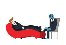 Collaborative Care, Not Robotic Risk Assessment, Reduces Suicidal Ideation Robot psychologist. Man Reception of Cyborg