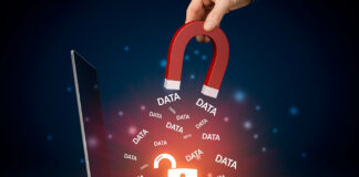 “Confidential” 988 Conversation Records Shared with Corporations Illustration of a magnet pulling the glowing word "data" out of a laptop computer