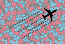Flying While Depressed? The FAA’s Troubling New Antidepressant Standards An airplane icon flies over a pattern of blue and red pills