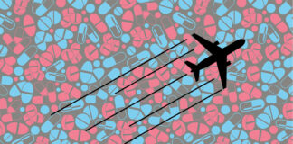 An airplane icon flies over a pattern of blue and red pills