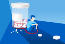 When It Comes to Post-Surgical Opioid Tapering, You’re on Your Own! Vector of a sick man with painkiller addiction chained to the bottle of pills