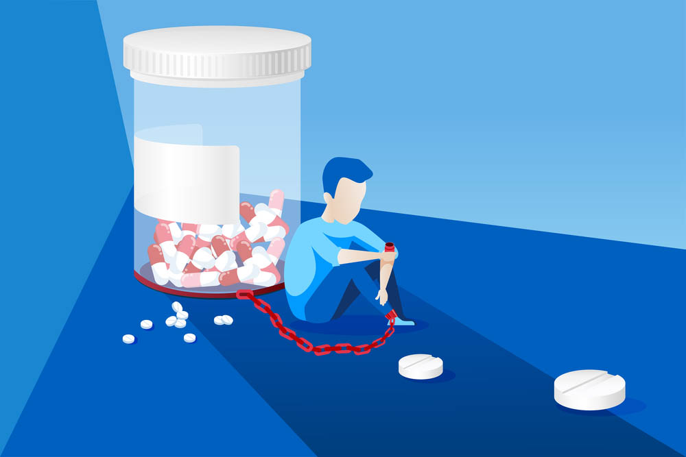 Vector of a sick man with painkiller addiction chained to the bottle of pills