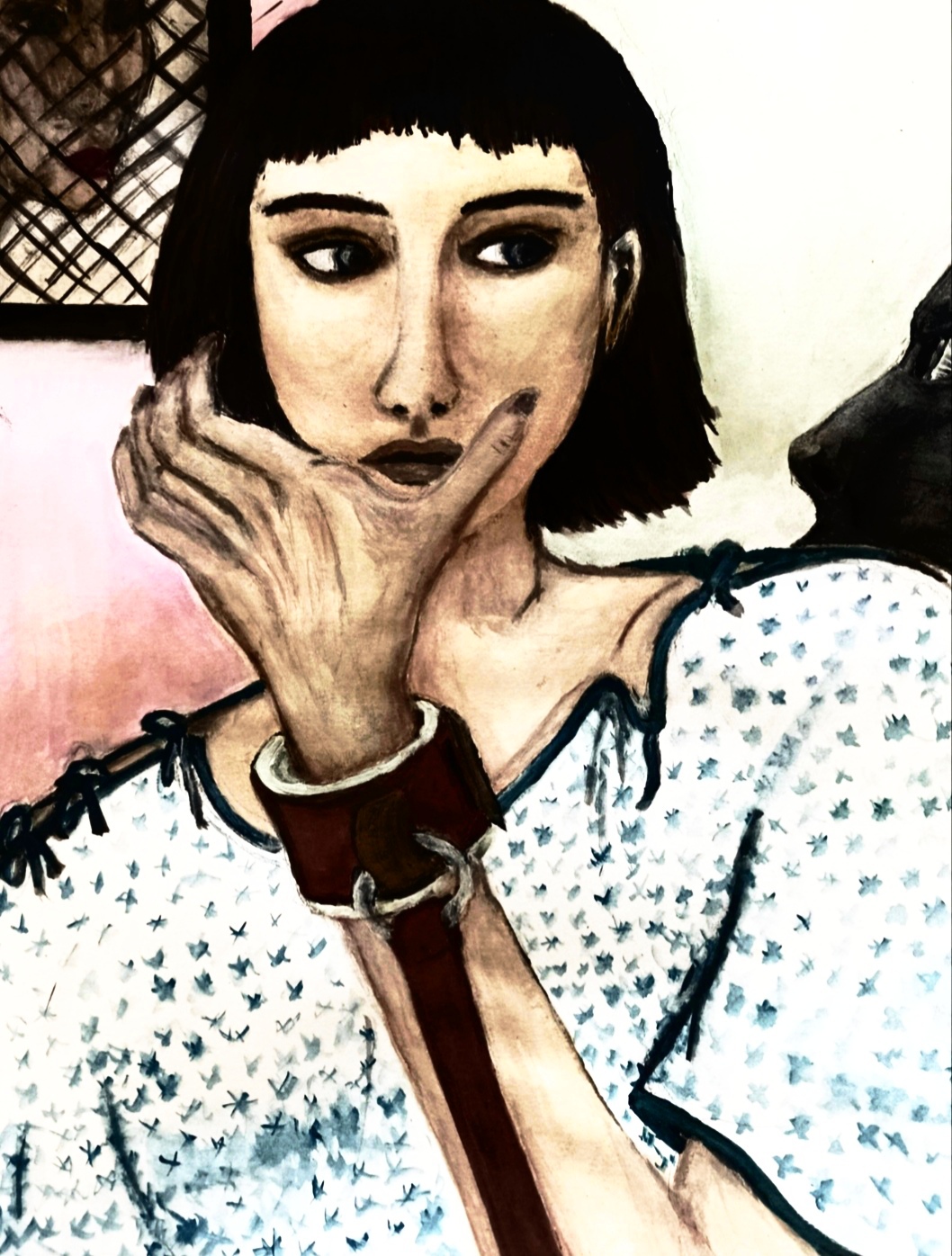 A painting of a woman with short dark hair, wearing a hospital gown and clutching her face. A restraint cuff is on her wrist.