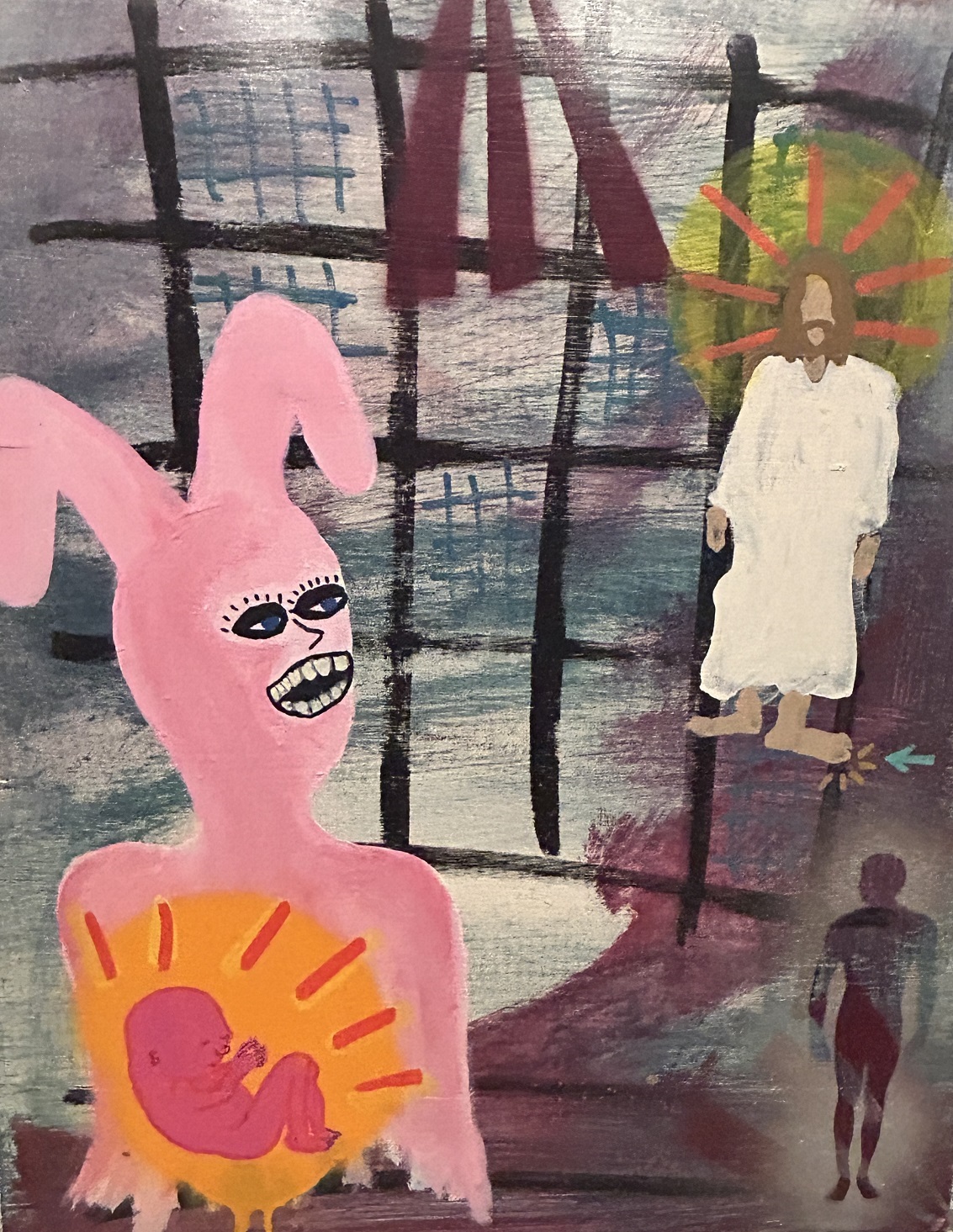 A painting of a large pink bunny with floppy ears and a human face, with a pink human baby inside it, looks up at a white-robed Jesus figure with an arrow pointing to his toe.