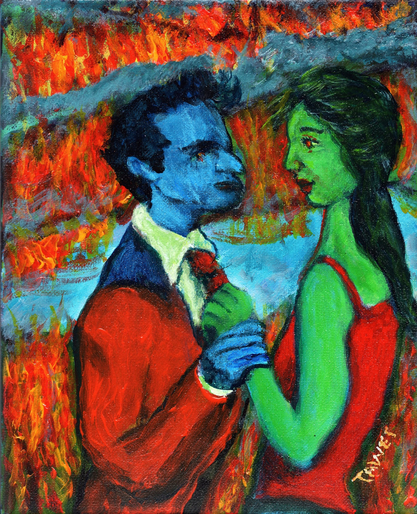 A man with blue skin and a woman with green skin are dancing while flames burn behind them.