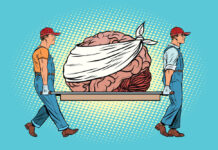 What Helped and What Hindered My Recovery from PSSD and Protracted Withdrawal from Antidepressants? Pop art style. Two workers carry a bandaged brain on a stretcher.