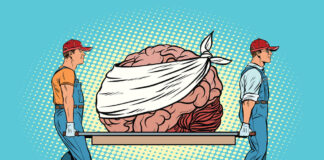 What Helped and What Hindered My Recovery from PSSD and Protracted Withdrawal from Antidepressants? Pop art style. Two workers carry a bandaged brain on a stretcher.