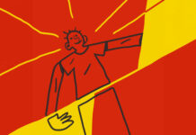 How to Be a Happy, Successful Incurable Schizophrenic Line art of a person smiling; abstract orange and yellow blocks