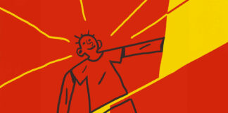 How to Be a Happy, Successful Incurable Schizophrenic Line art of a person smiling; abstract orange and yellow blocks