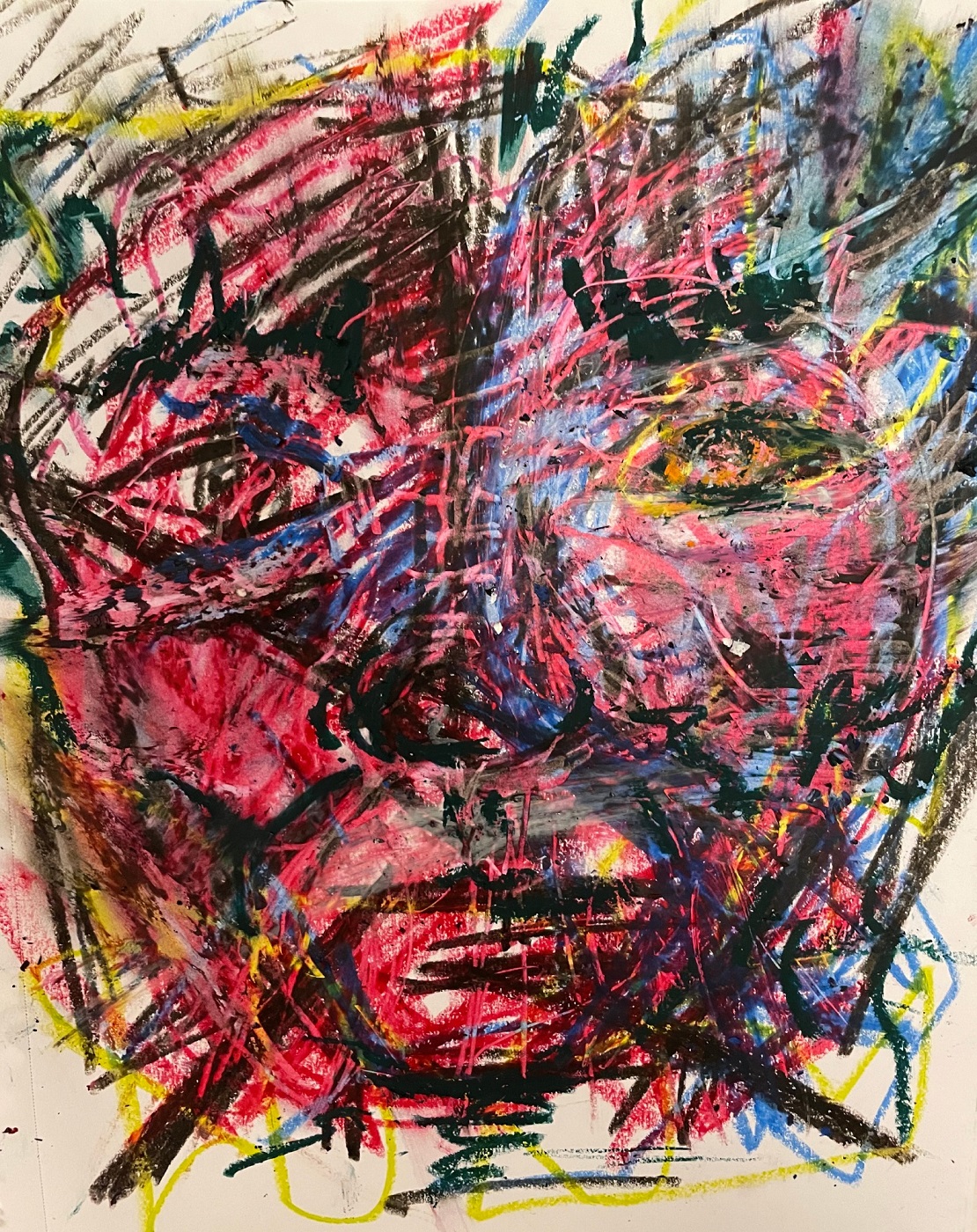 A drawing of a human face obscured by layers of scribbles