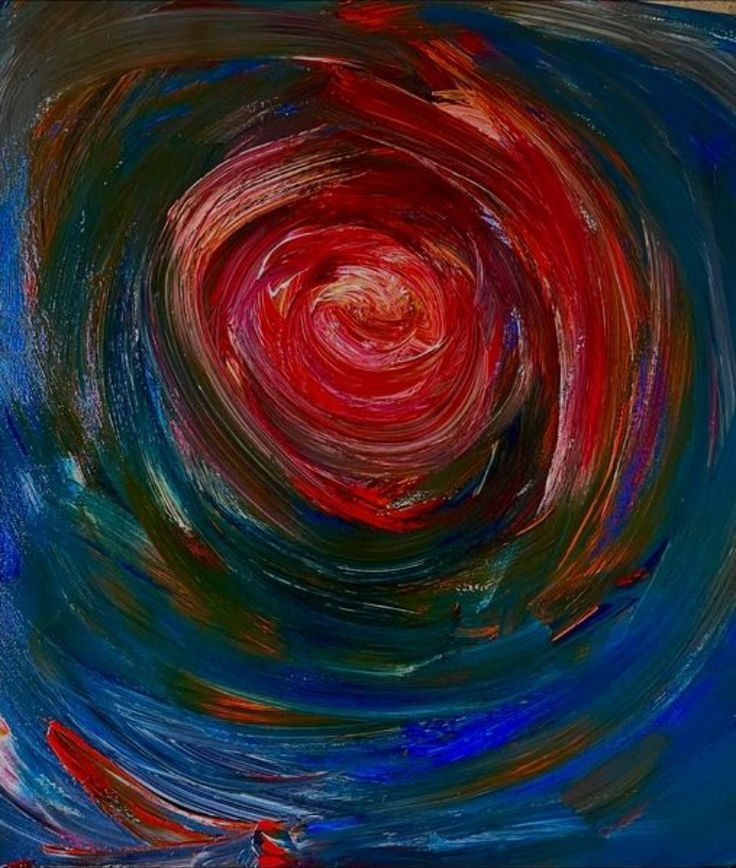A painting in bold colors of red swirls surrounded by blue swirls
