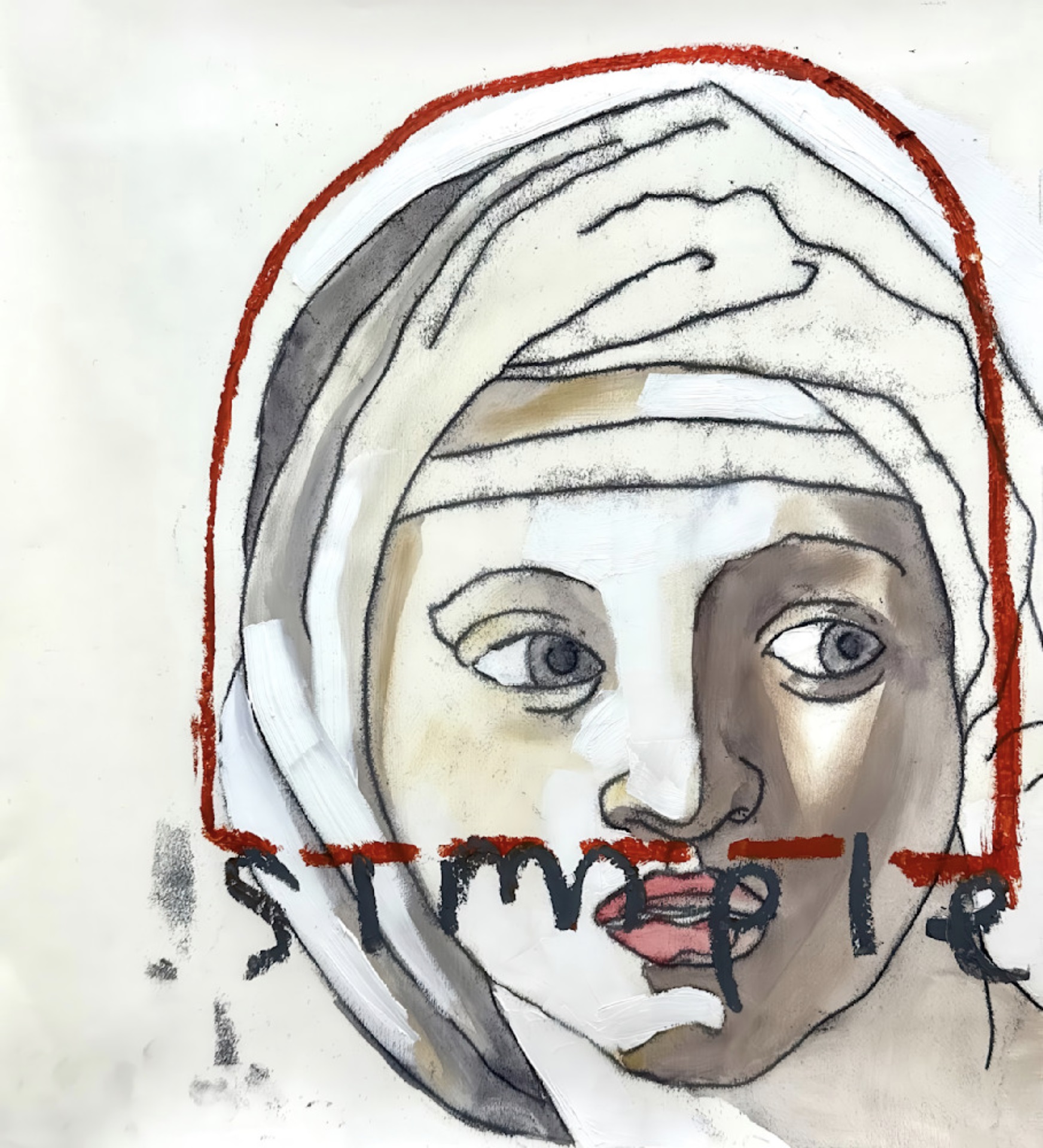 An oil and pastel portrait of a person wearing a turban and looking to the side, with the word "simple" printed over the lower part of the face